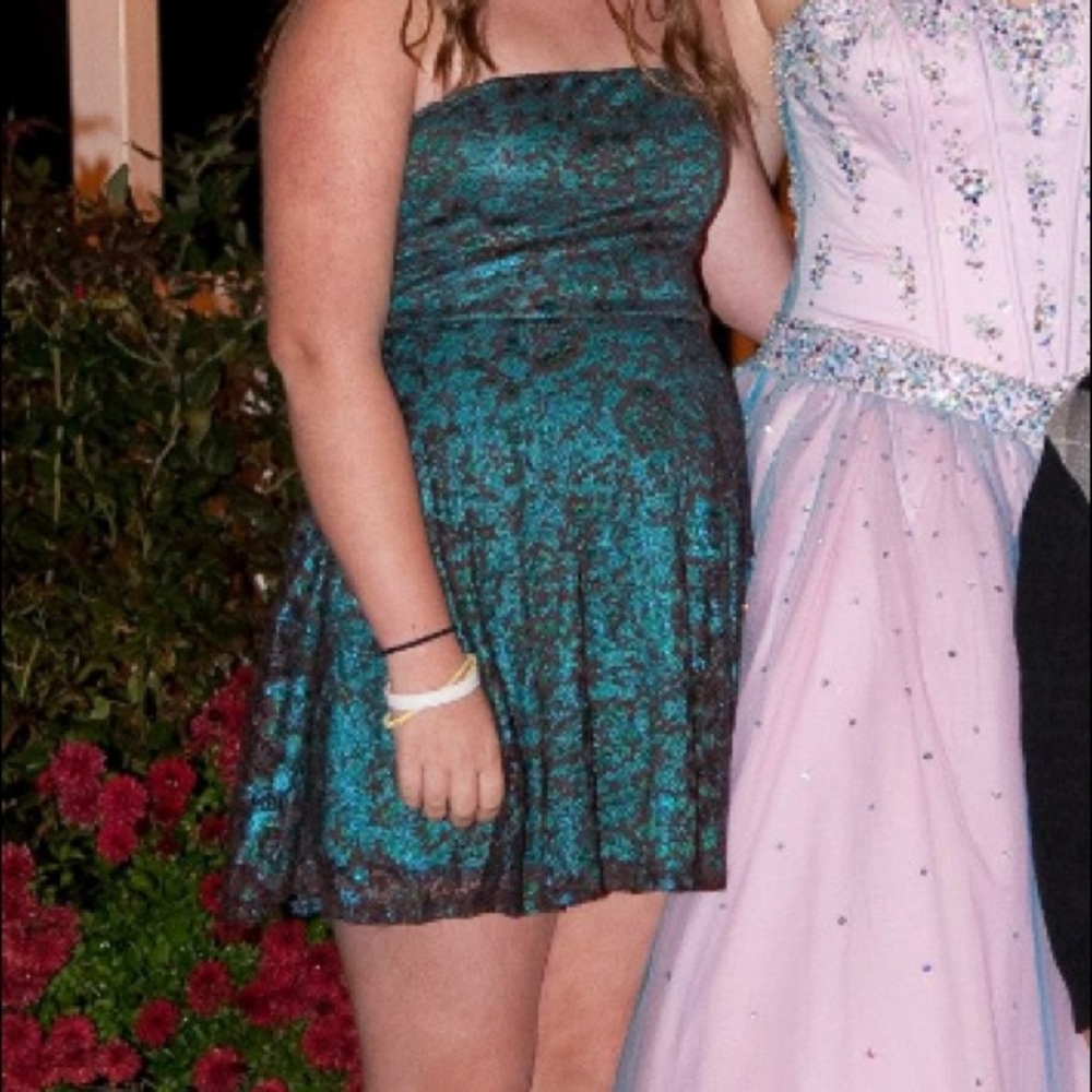 Green and Brown Strapless Lace Cocktail Dress